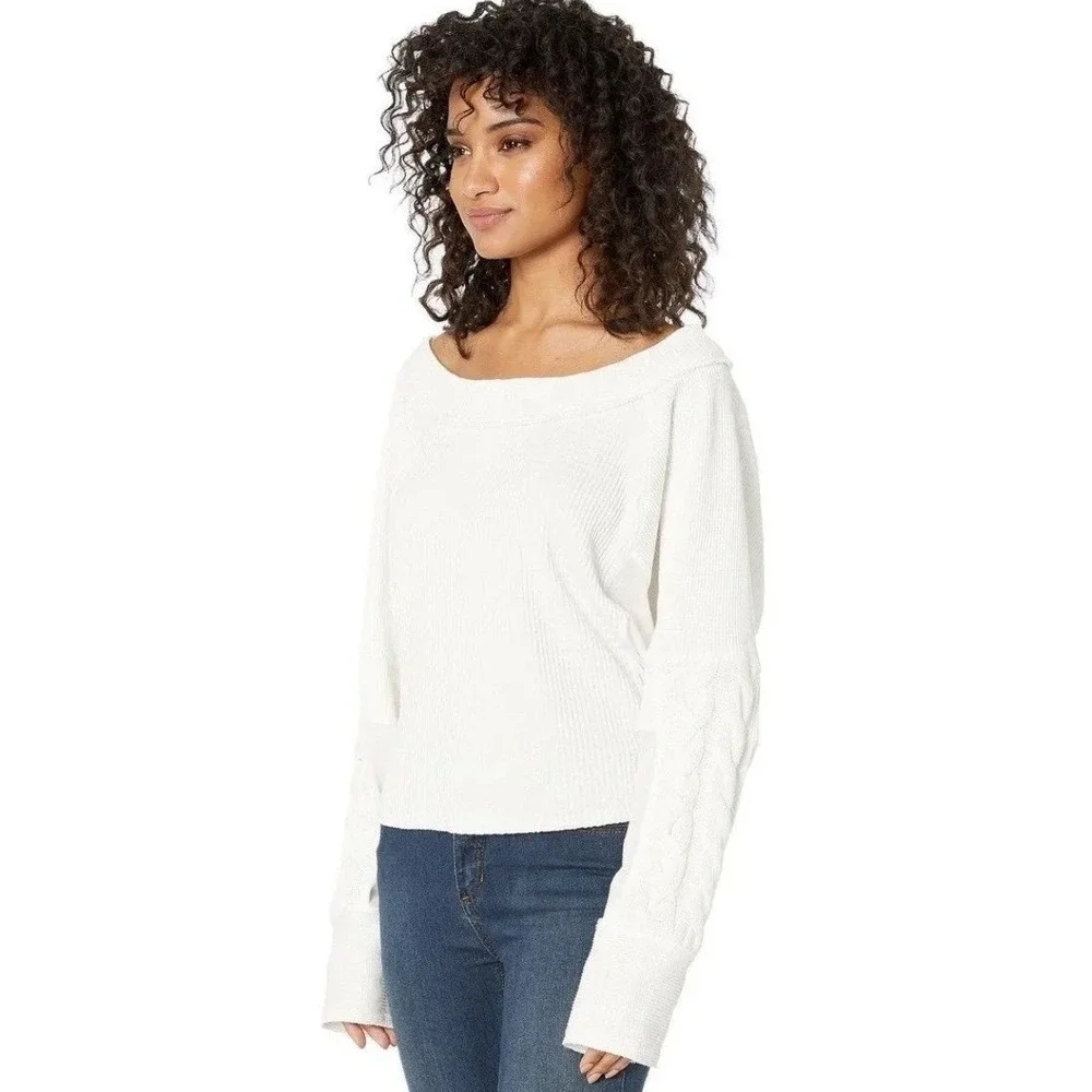 Free People Josie Waffle Knit Sweater Ivory Cable Braided Braid - $128‎ MSRP SZM